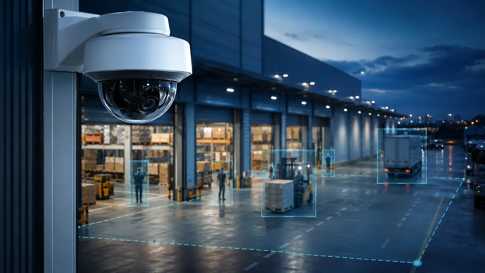 Cámara de seguridad con inteligencia artificial analizando personas, vehículos y zonas protegidas