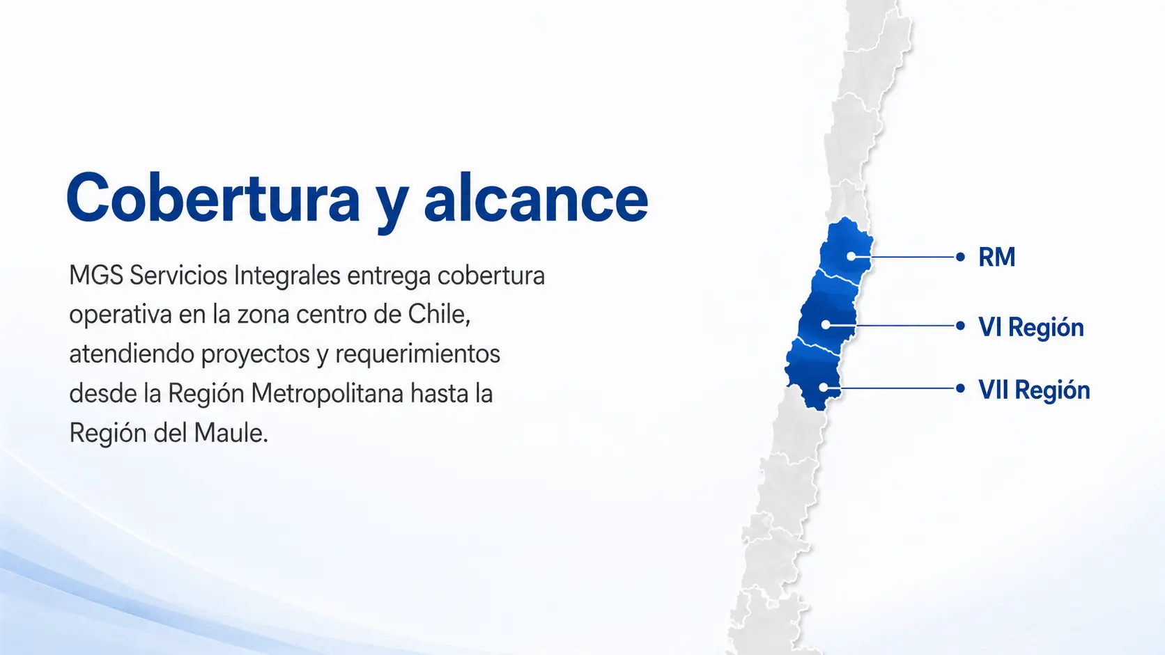 Mapa de cobertura de MGS Servicios Integrales en la Región Metropolitana, Región de O’Higgins y Región del Maule